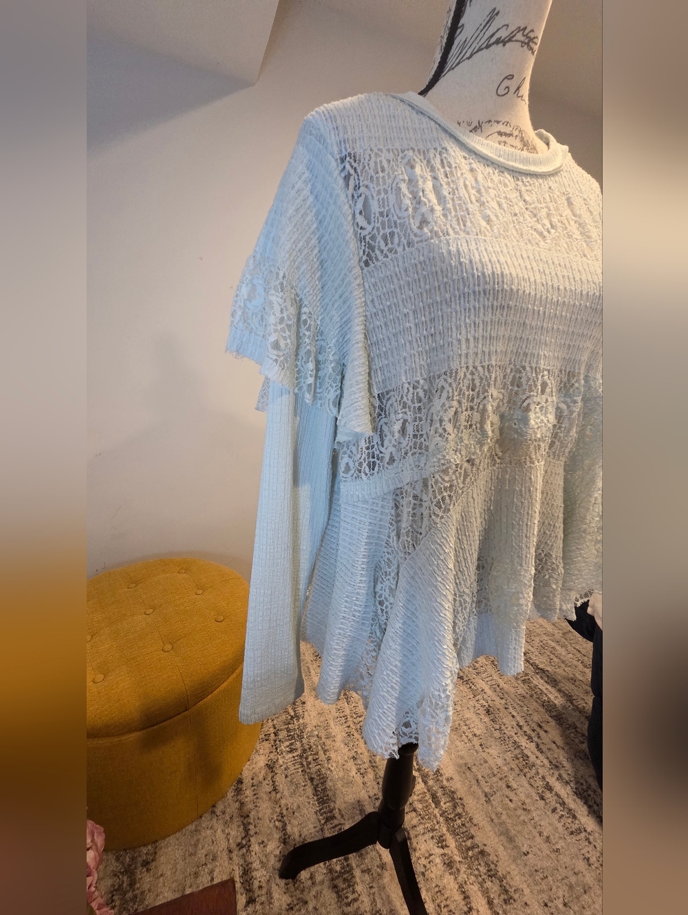 Free People Lace Stripe Knit Peplum    Top - Light Mint Size M. - Picture 6 of 16